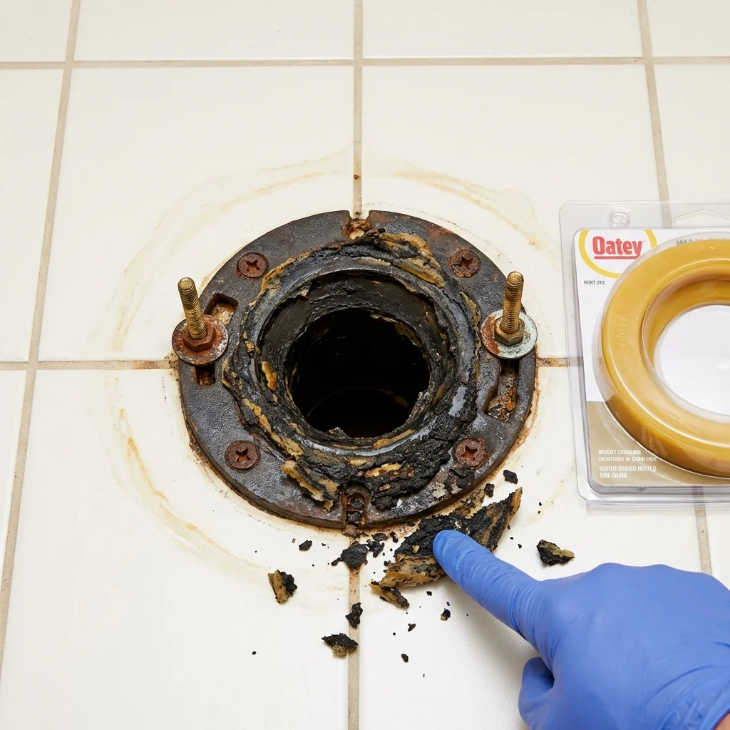 Failed wax ring showing water seepage at the base of a toilet in a Big Lake, TX home